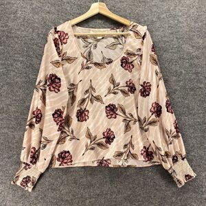Saltwater Blouse Women L Large Beige Floral Long Sleeve Round Neck Pullover